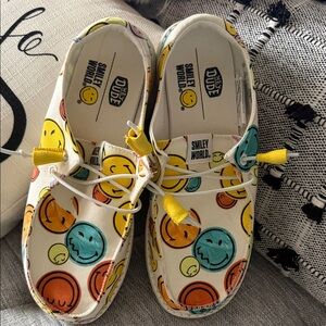 Hey Dude Kids Moccasins - White with Colorful Smiley Faces